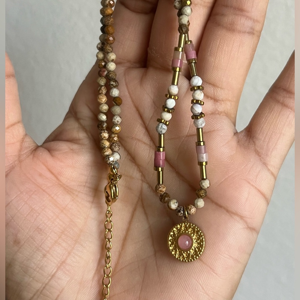 Elegant Picture Jasper Beaded Necklace with Gold Accents